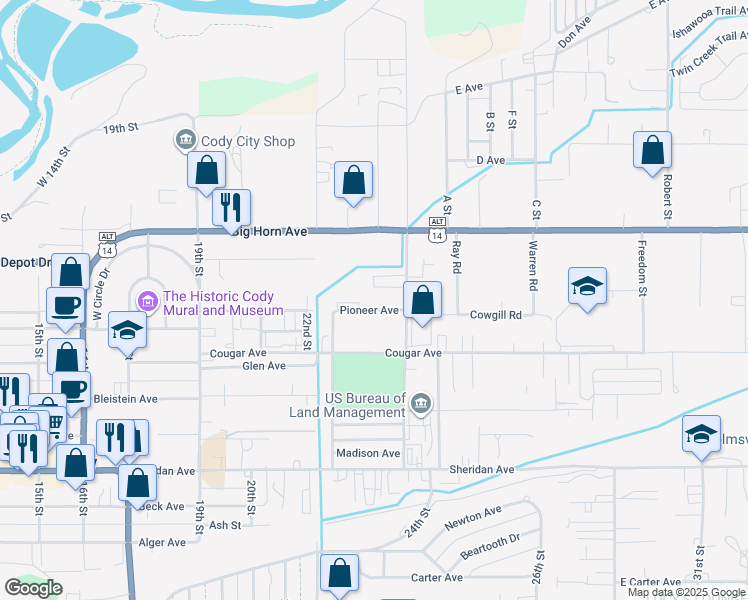 map of restaurants, bars, coffee shops, grocery stores, and more near 2407 Pioneer Avenue in Cody