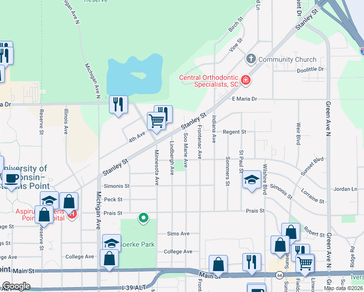 map of restaurants, bars, coffee shops, grocery stores, and more near 301 Lindbergh Avenue in Stevens Point
