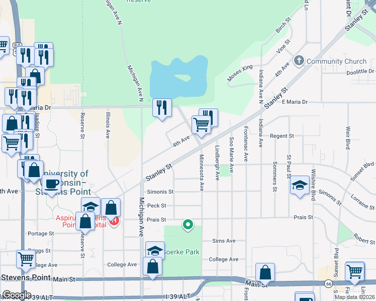 map of restaurants, bars, coffee shops, grocery stores, and more near 2701 4th Avenue in Stevens Point