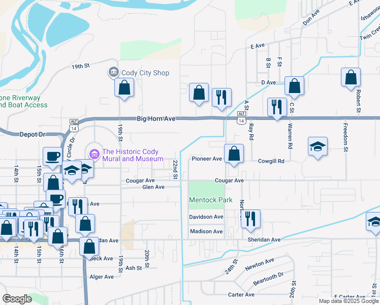 map of restaurants, bars, coffee shops, grocery stores, and more near 2301 Pioneer Avenue in Cody