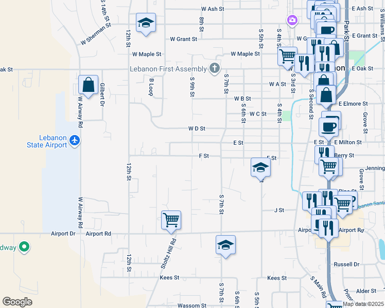 map of restaurants, bars, coffee shops, grocery stores, and more near South 9th Street in Lebanon