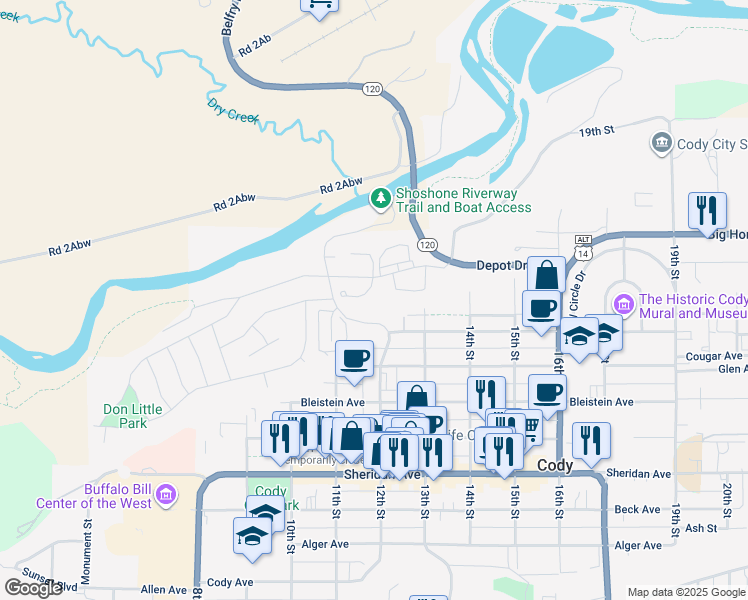 map of restaurants, bars, coffee shops, grocery stores, and more near 1219 White Water Avenue in Cody