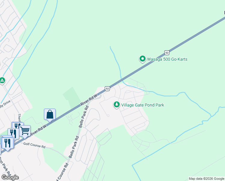 map of restaurants, bars, coffee shops, grocery stores, and more near 25 Appalachian Trail in Wasaga Beach