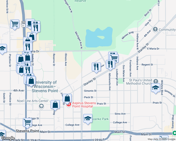 map of restaurants, bars, coffee shops, grocery stores, and more near 2448 4th Avenue in Stevens Point