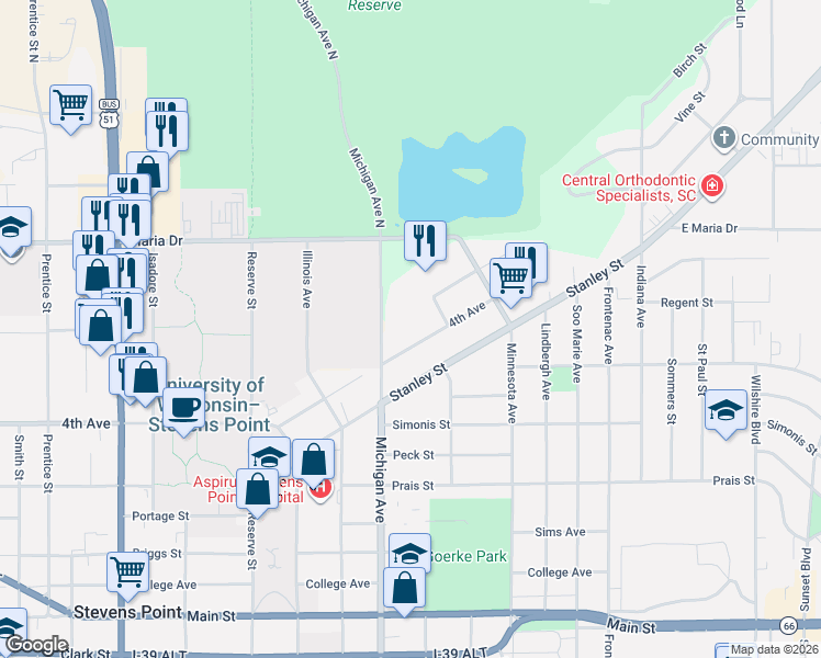 map of restaurants, bars, coffee shops, grocery stores, and more near 2448 4th Avenue in Stevens Point