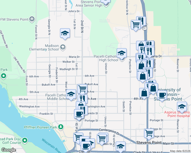 map of restaurants, bars, coffee shops, grocery stores, and more near 308 Meadow Street in Stevens Point