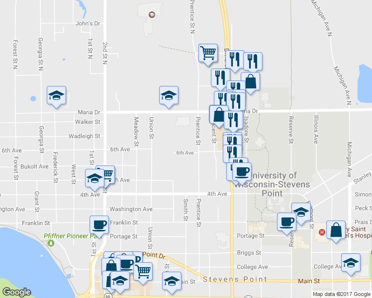 map of restaurants, bars, coffee shops, grocery stores, and more near 1300 6th Avenue in Stevens Point