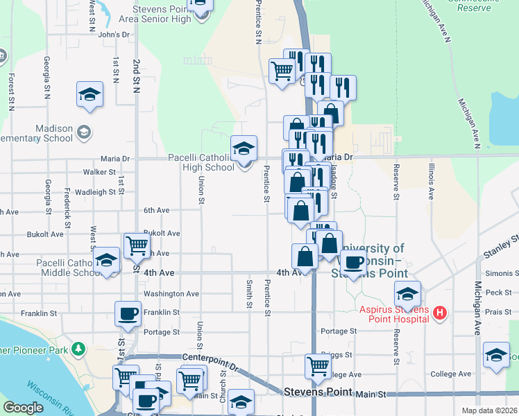 map of restaurants, bars, coffee shops, grocery stores, and more near 1400 6th Avenue in Stevens Point