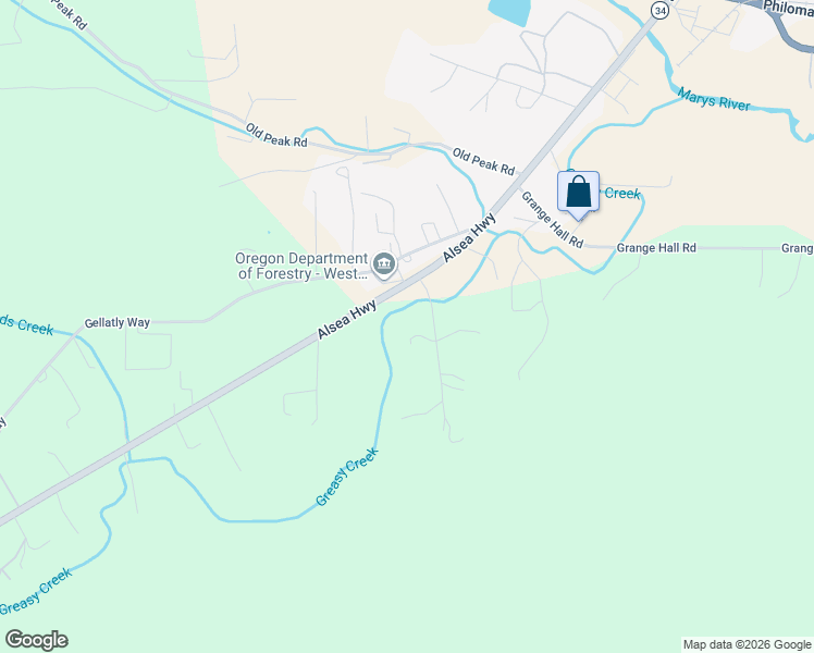 map of restaurants, bars, coffee shops, grocery stores, and more near 33010 Fircreek Lane in Philomath