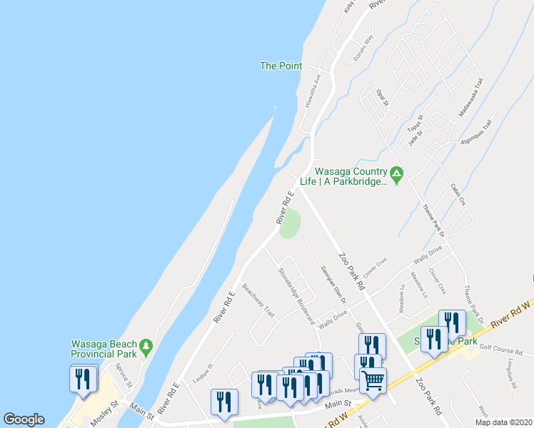 map of restaurants, bars, coffee shops, grocery stores, and more near 280 River Road East in Wasaga Beach