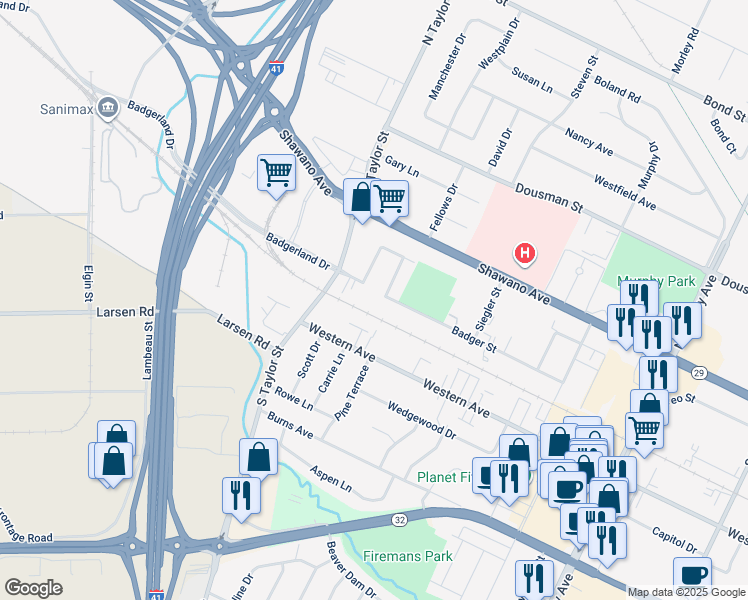 map of restaurants, bars, coffee shops, grocery stores, and more near 206 Regan Street in Green Bay