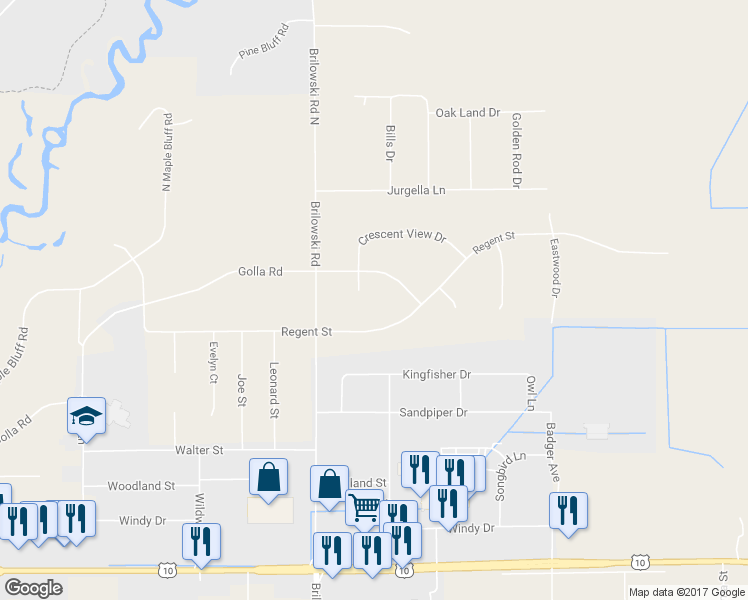 map of restaurants, bars, coffee shops, grocery stores, and more near 5585 Crescent View Drive in Stevens Point