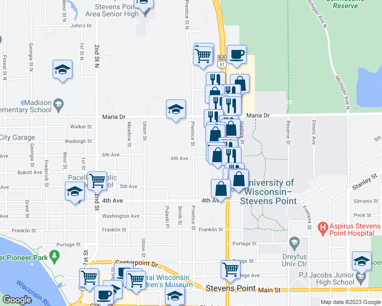 map of restaurants, bars, coffee shops, grocery stores, and more near 1400 6th Avenue in Stevens Point