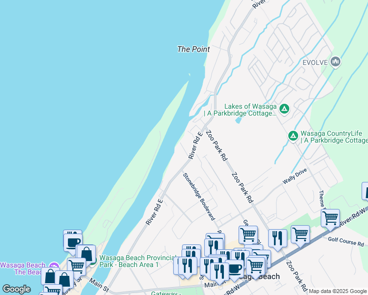 map of restaurants, bars, coffee shops, grocery stores, and more near 280 River Road East in Wasaga Beach
