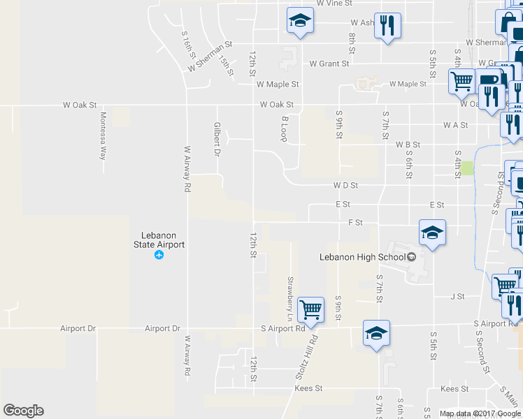 map of restaurants, bars, coffee shops, grocery stores, and more near 1046 F Street in Lebanon