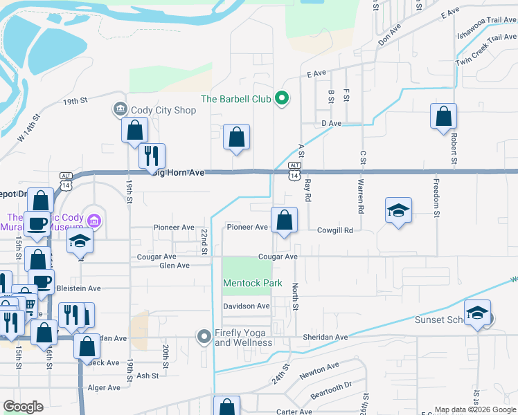 map of restaurants, bars, coffee shops, grocery stores, and more near 505 Blackburn Street in Cody