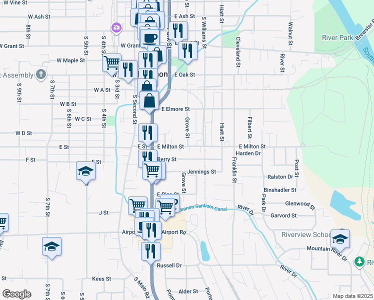 map of restaurants, bars, coffee shops, grocery stores, and more near 198 East Milton Street in Lebanon