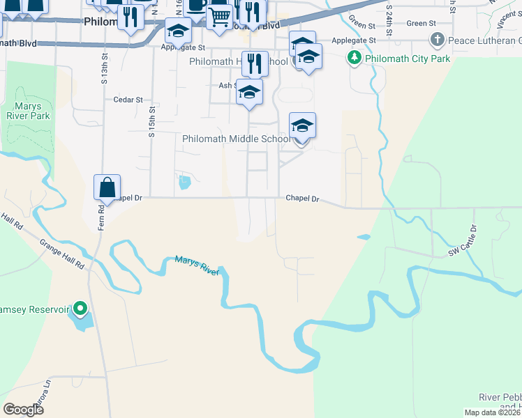 map of restaurants, bars, coffee shops, grocery stores, and more near 1910 Chapel Drive in Philomath