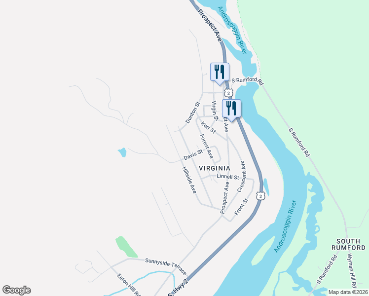 map of restaurants, bars, coffee shops, grocery stores, and more near 639 Spring Avenue in Rumford