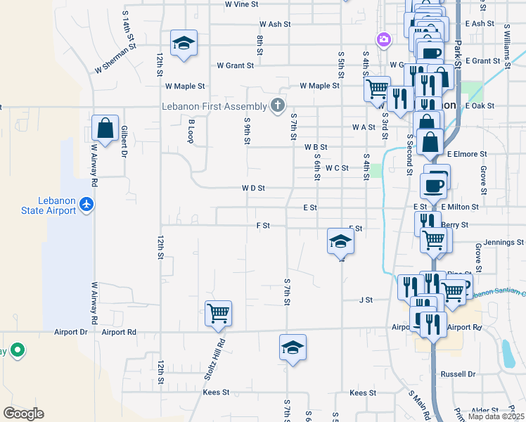 map of restaurants, bars, coffee shops, grocery stores, and more near 650 West E Street in Lebanon