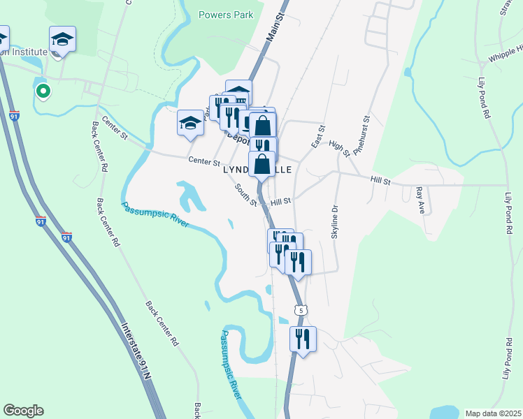 map of restaurants, bars, coffee shops, grocery stores, and more near 5 South Street in Lyndon