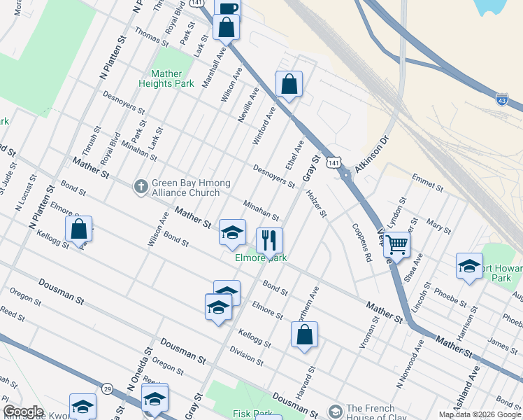 map of restaurants, bars, coffee shops, grocery stores, and more near 1106 Minahan Street in Green Bay