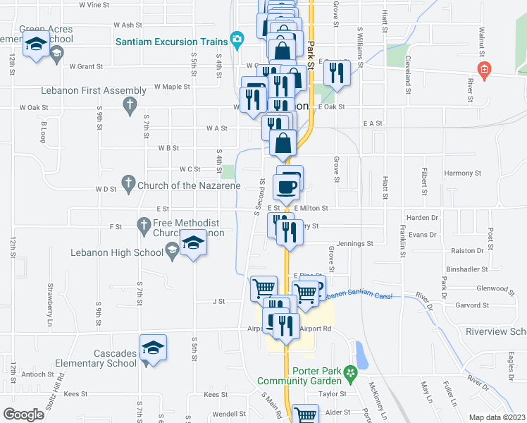 map of restaurants, bars, coffee shops, grocery stores, and more near 90 E Street in Lebanon