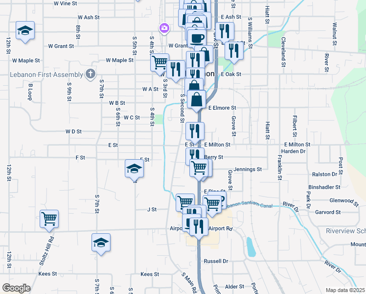 map of restaurants, bars, coffee shops, grocery stores, and more near 80 E St in Lebanon