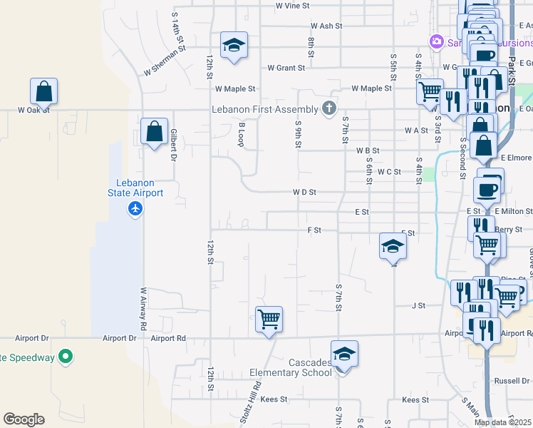 map of restaurants, bars, coffee shops, grocery stores, and more near 700 South 10th Street in Lebanon