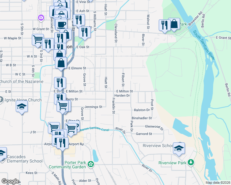 map of restaurants, bars, coffee shops, grocery stores, and more near 1509 Franklin Street in Lebanon