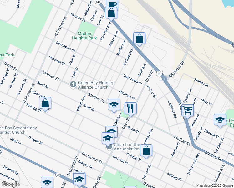 map of restaurants, bars, coffee shops, grocery stores, and more near 807 North Buchanan Street in Green Bay