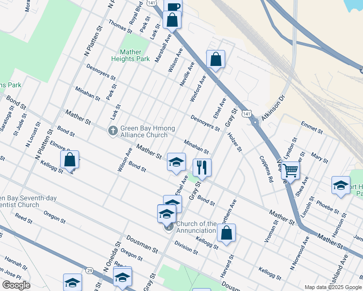map of restaurants, bars, coffee shops, grocery stores, and more near 807 North Buchanan Street in Green Bay