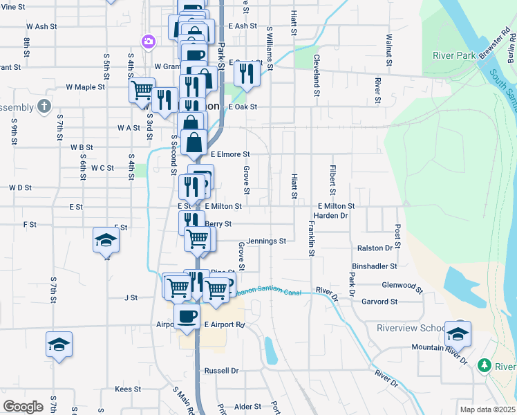 map of restaurants, bars, coffee shops, grocery stores, and more near 198 East Milton Street in Lebanon