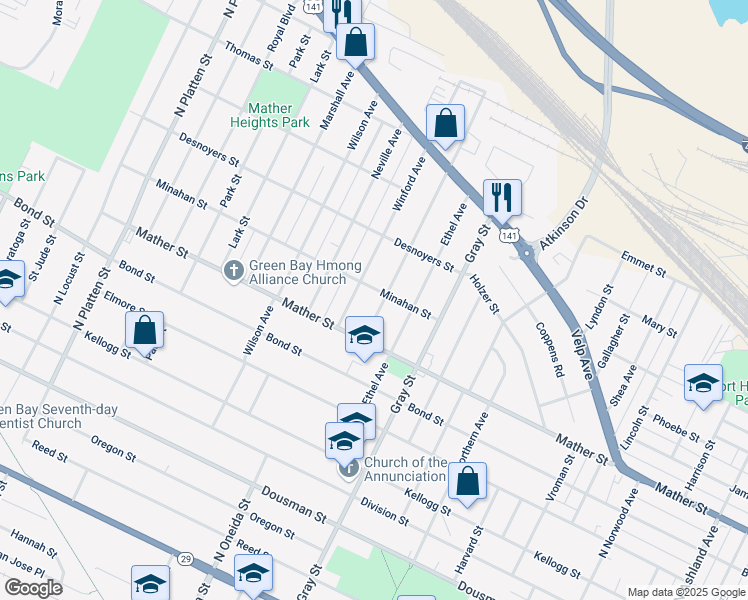 map of restaurants, bars, coffee shops, grocery stores, and more near 807 North Buchanan Street in Green Bay