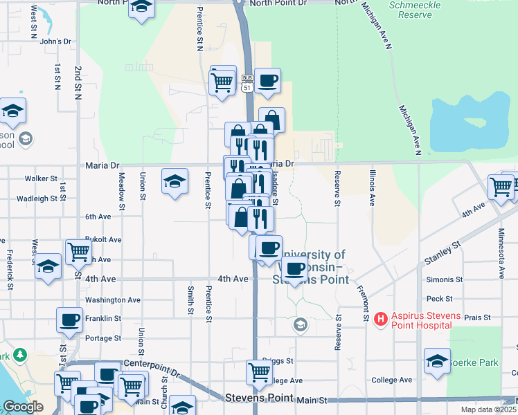 map of restaurants, bars, coffee shops, grocery stores, and more near 301 Division Street in Stevens Point