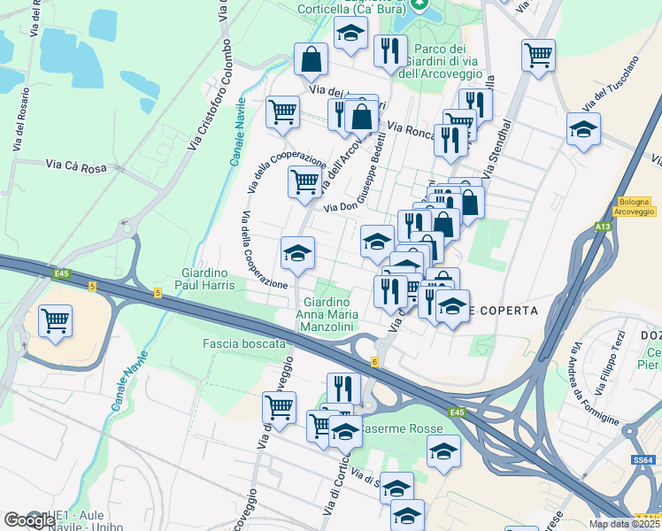 map of restaurants, bars, coffee shops, grocery stores, and more near 30 Via Aimo Domenico in Bologna