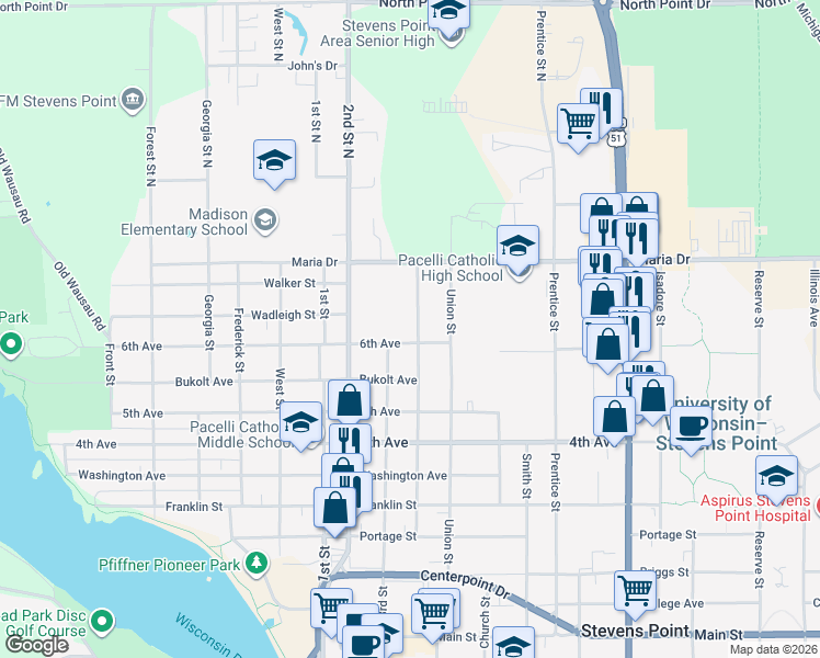 map of restaurants, bars, coffee shops, grocery stores, and more near 308 Meadow Street in Stevens Point