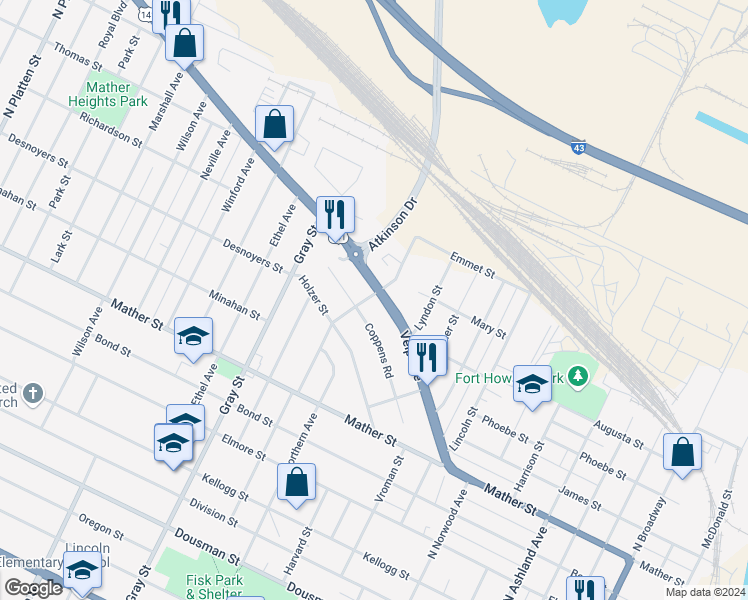 map of restaurants, bars, coffee shops, grocery stores, and more near 993 Velp Avenue in Green Bay