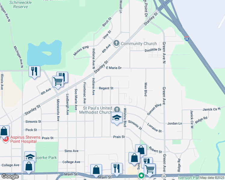 map of restaurants, bars, coffee shops, grocery stores, and more near 3401 Regent Street in Stevens Point