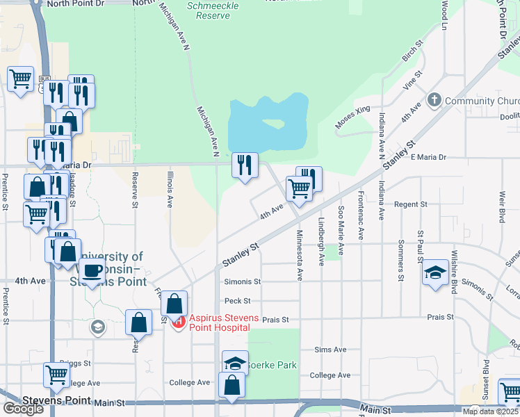 map of restaurants, bars, coffee shops, grocery stores, and more near 473 Clayton Avenue in Stevens Point