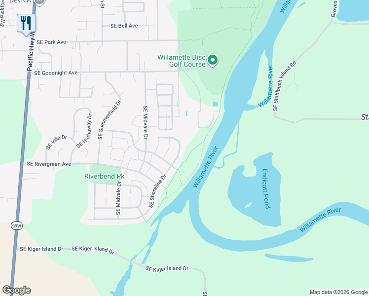 map of restaurants, bars, coffee shops, grocery stores, and more near 3281 SE Shoreline Dr in Corvallis