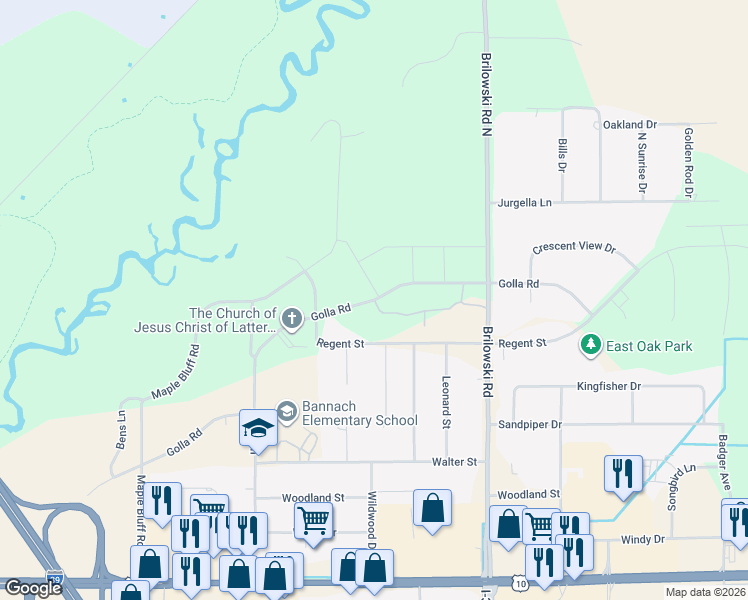 map of restaurants, bars, coffee shops, grocery stores, and more near 5444 Golla Road in Stevens Point