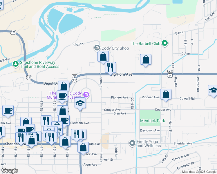 map of restaurants, bars, coffee shops, grocery stores, and more near 1926 Public Street in Cody