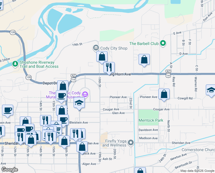 map of restaurants, bars, coffee shops, grocery stores, and more near 1926 Public Street in Cody