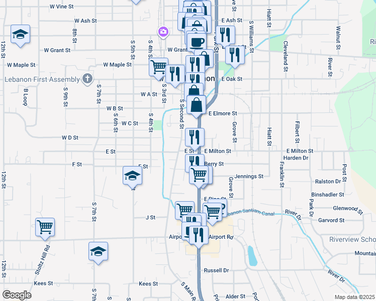 map of restaurants, bars, coffee shops, grocery stores, and more near 80 E Street in Lebanon