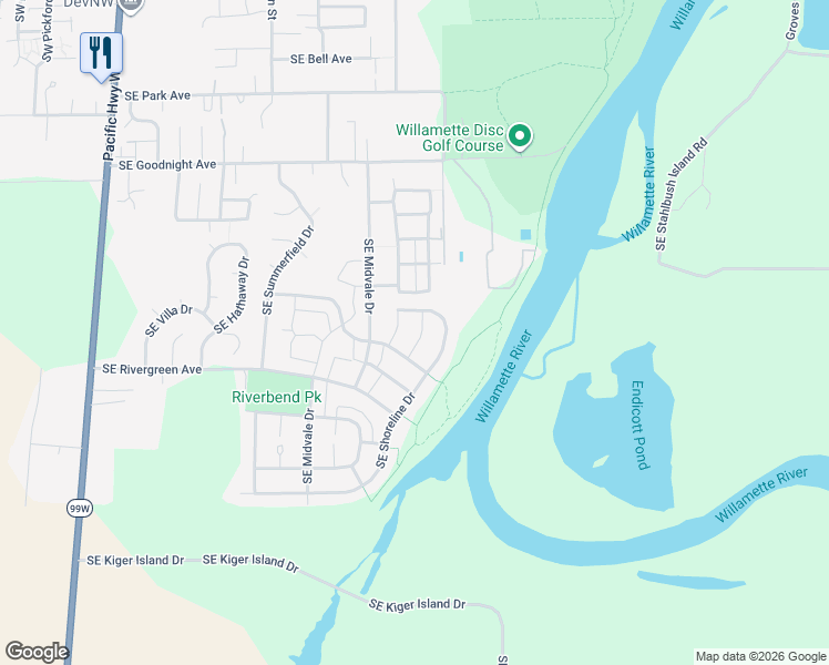 map of restaurants, bars, coffee shops, grocery stores, and more near 3292 Southeast Safe Harbor Street in Corvallis