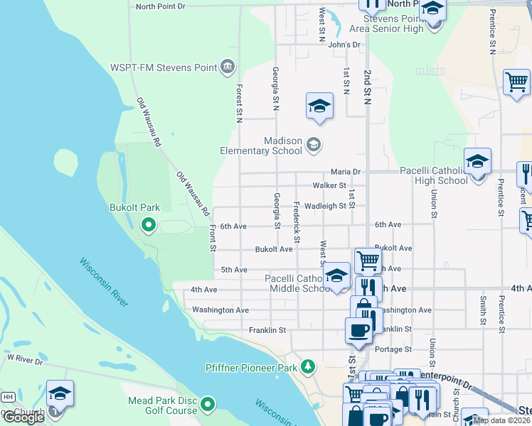 map of restaurants, bars, coffee shops, grocery stores, and more near 449 Wadleigh Street in Stevens Point