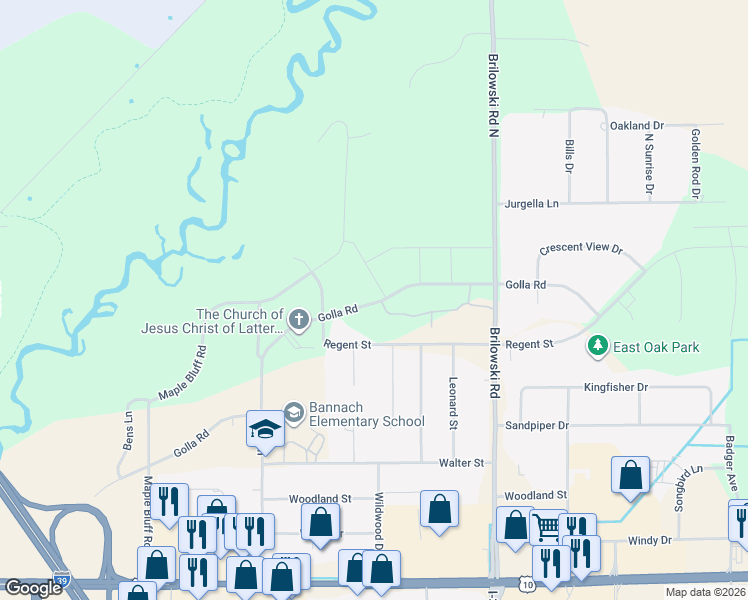 map of restaurants, bars, coffee shops, grocery stores, and more near 5444 Golla Road in Stevens Point