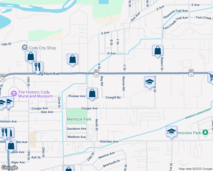 map of restaurants, bars, coffee shops, grocery stores, and more near 171 Blackburn Street in Cody