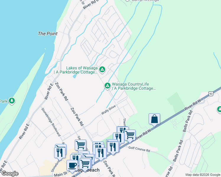 map of restaurants, bars, coffee shops, grocery stores, and more near 12 Cabin Crescent in Wasaga Beach